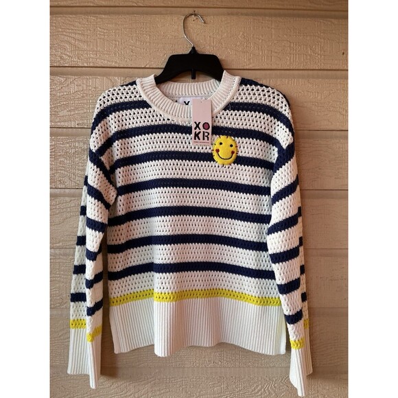 Kerri Rosenthal womens Smiley Face Pullover Sweater size Large Striped Open Knit - Picture 1 of 5